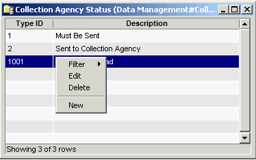 Collection Agency Status window